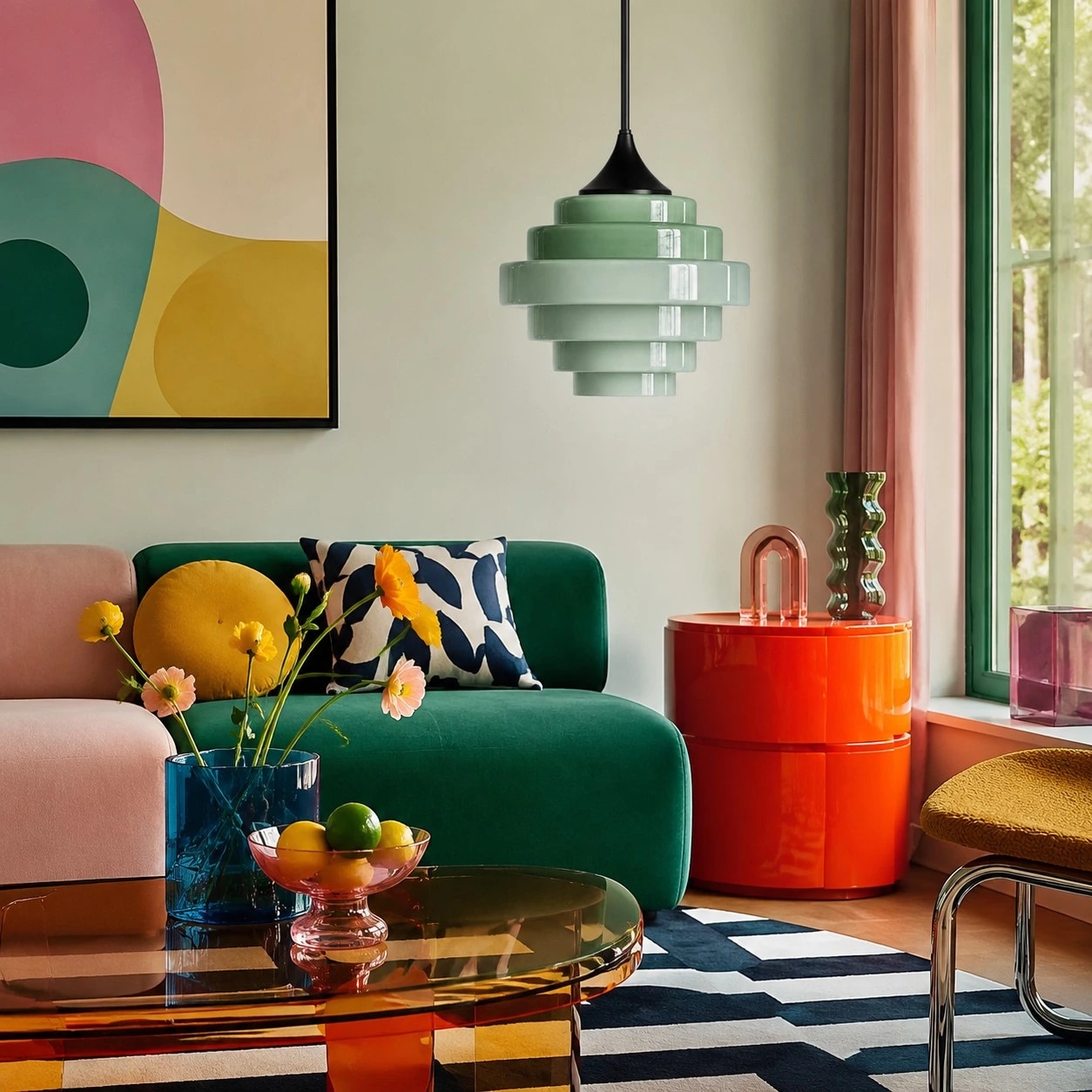 Suspension lumineuse en verre Sanenos vert dans un salon coloré