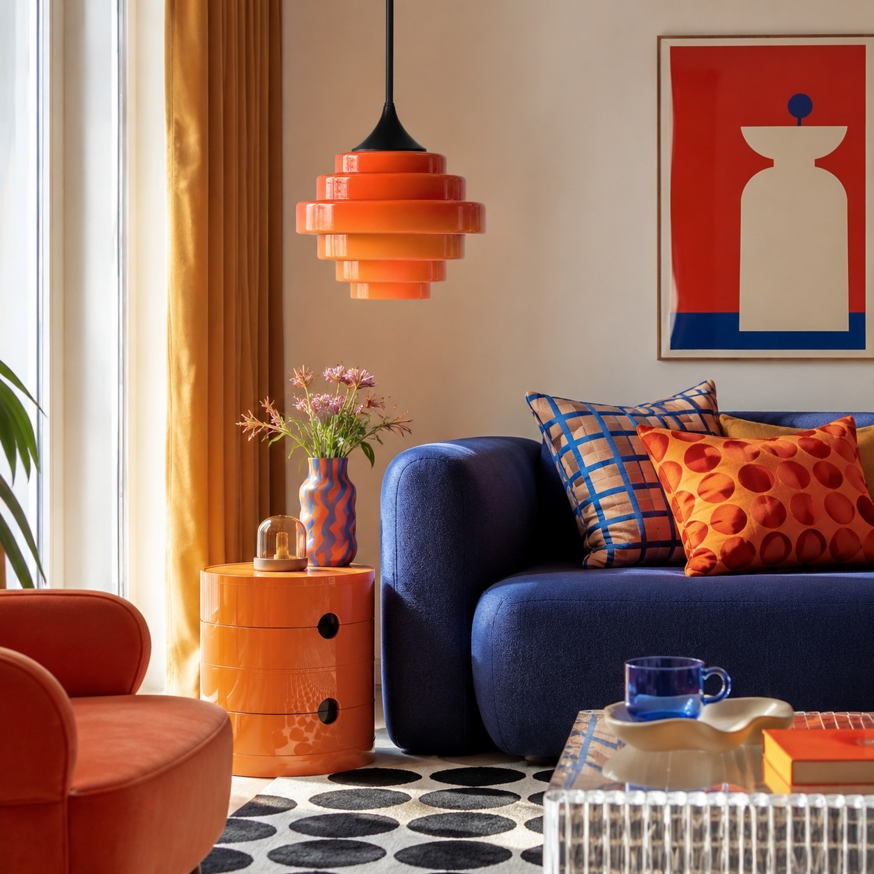 Suspension en verre Orange Sanenos dans un salon coloré