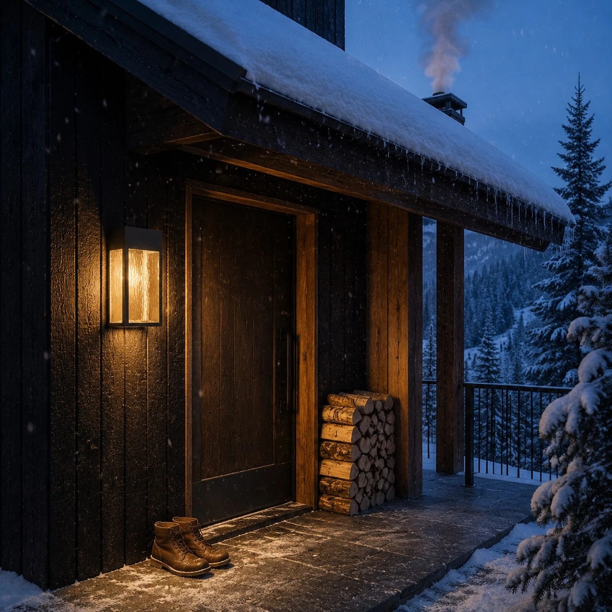 Covered porch night scene