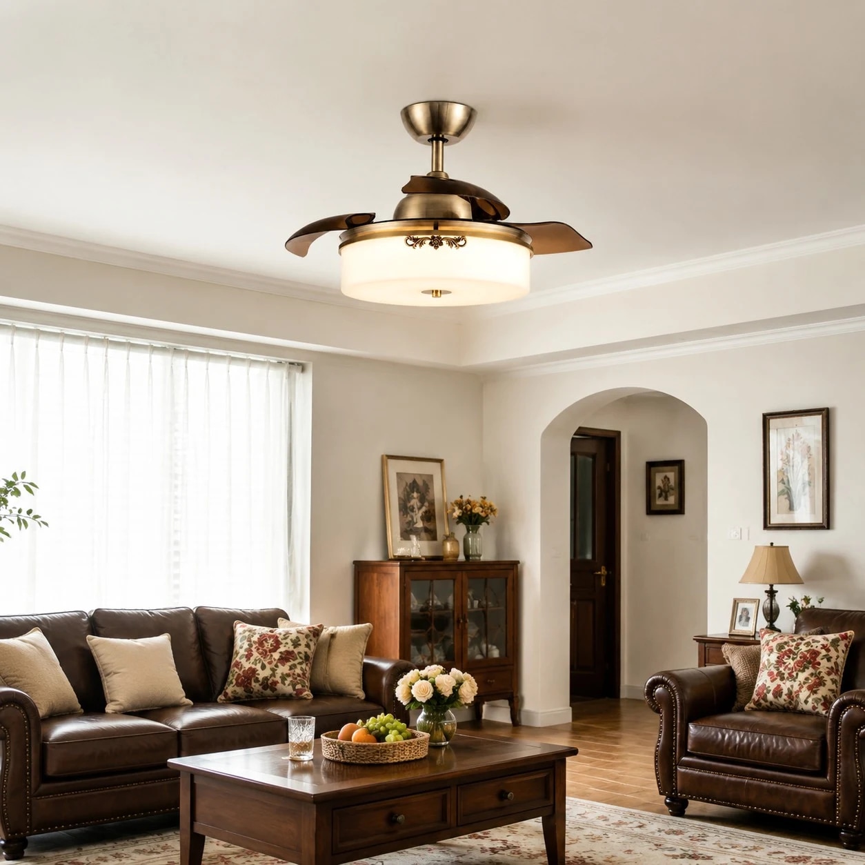 Retractable ceiling fan light above classic living room seating