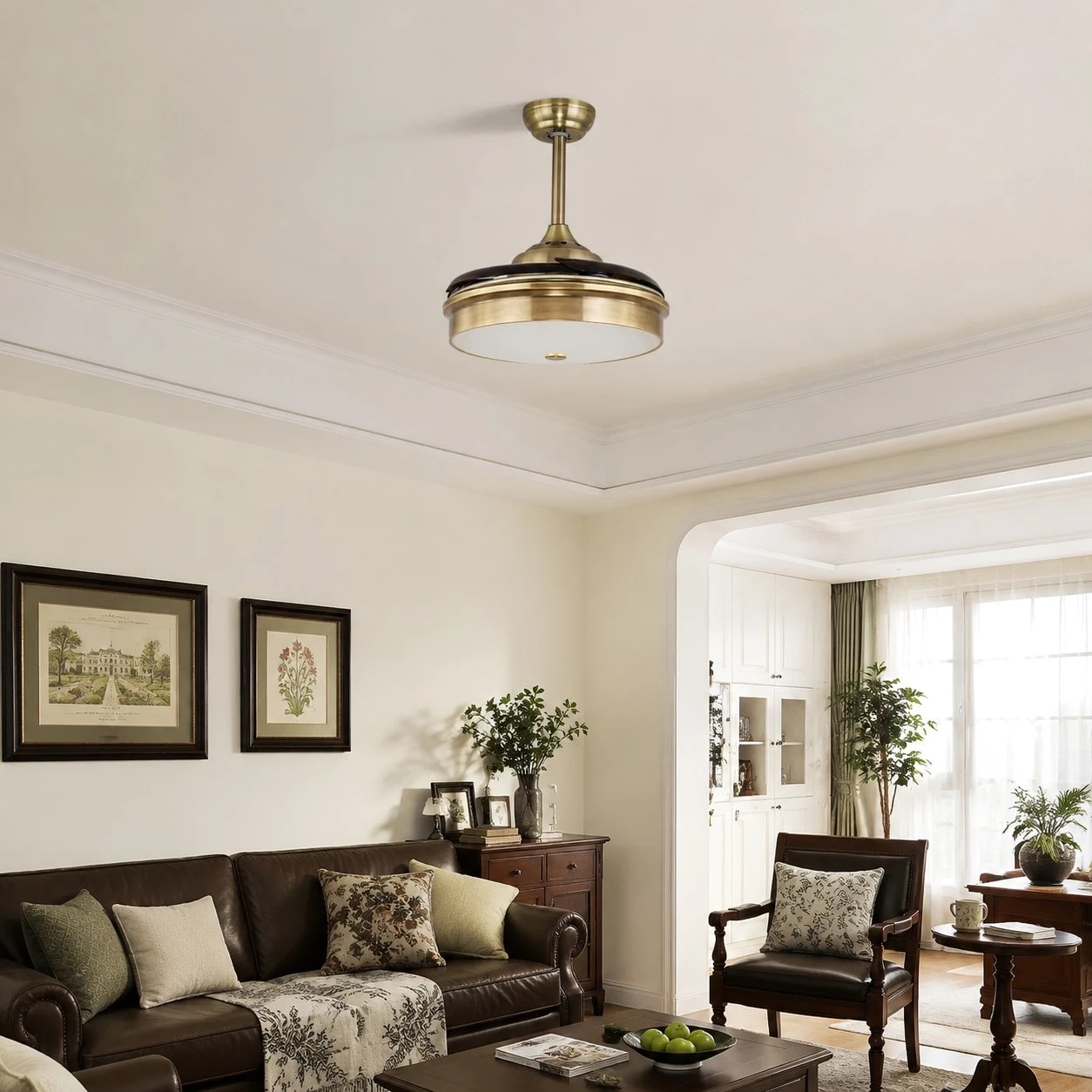 Ceiling fan light in a bright corner living room