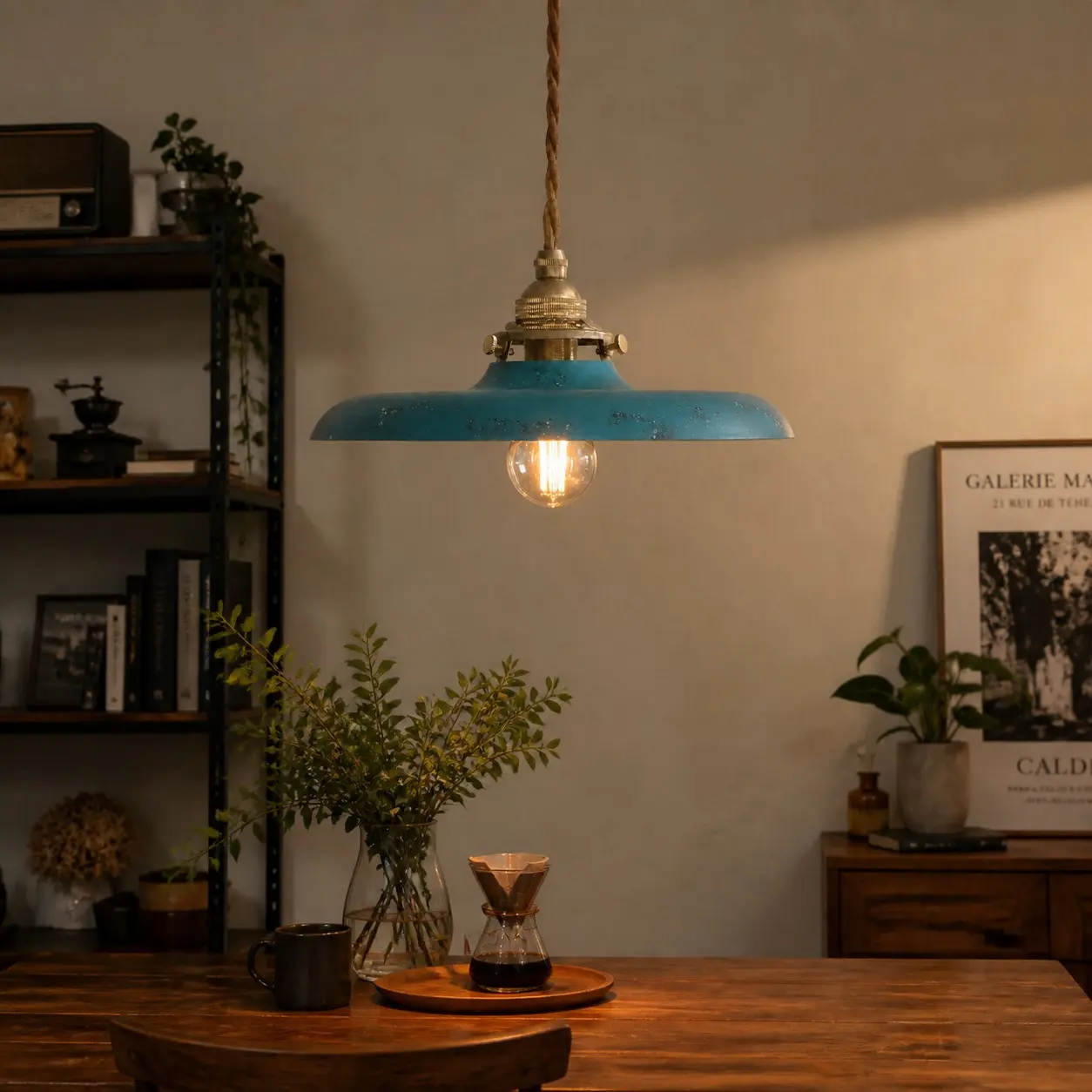 Distressed blue pendant light in an atmospheric interior