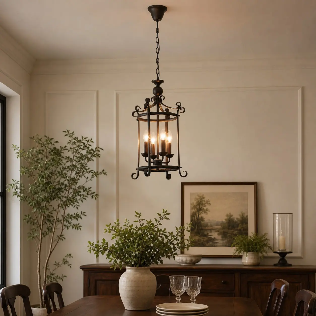Black iron pendant installed in a bright dining room