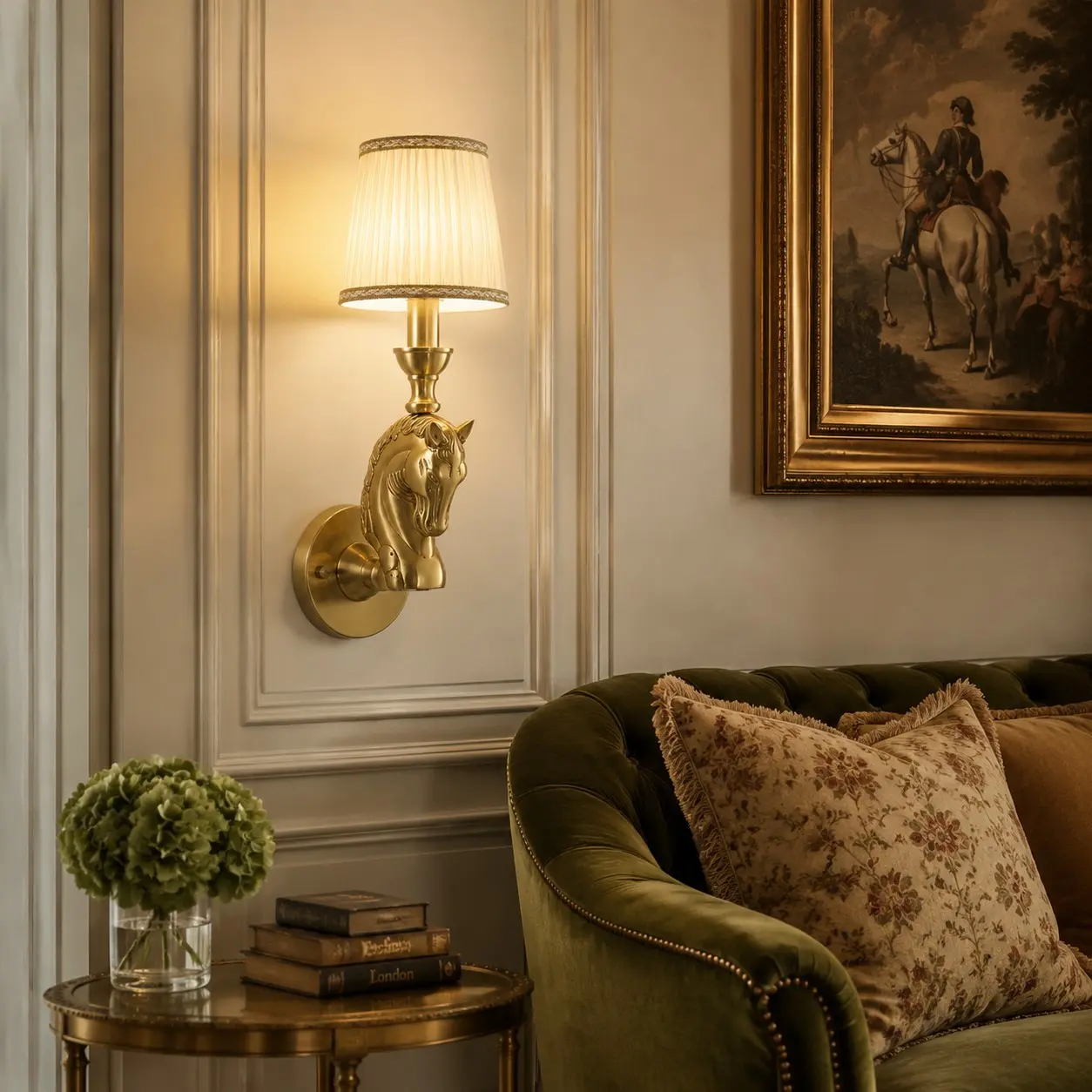 Pleated shade horse wall lamp in a classic sitting room