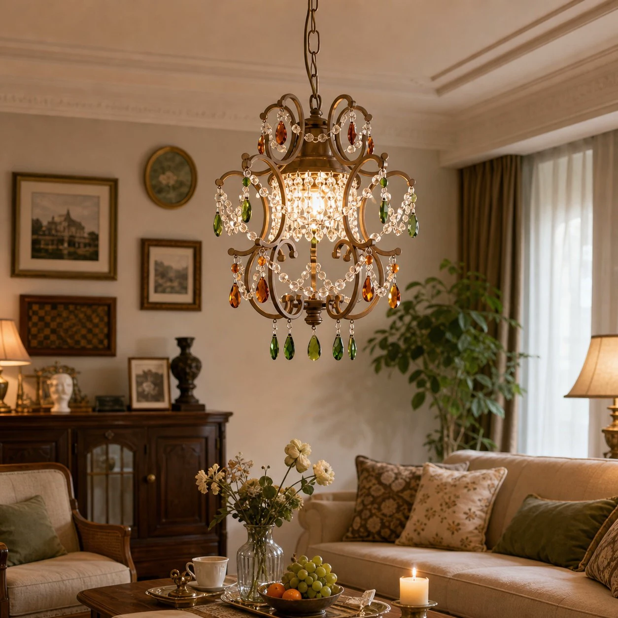 Vintage crystal pendant light in a warm living room