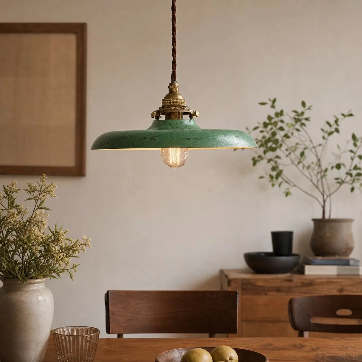 Distressed green pendant light in a dining room