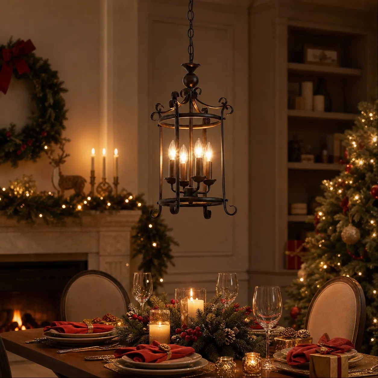 Black iron pendant creating a warm dining atmosphere