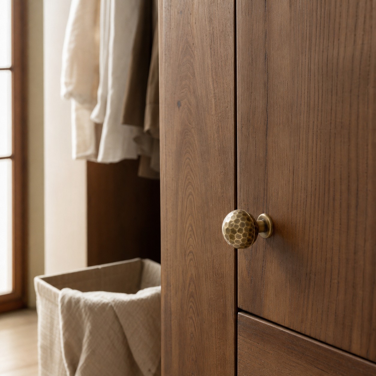 Antique brass cabinet knobs on wardrobe doors